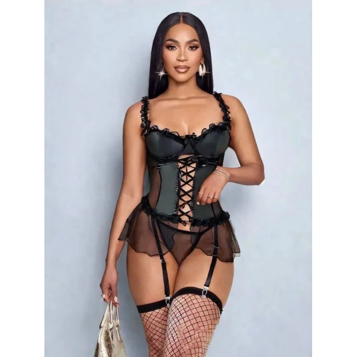 BUĞZ Kadın Siyah Lame Deri Fantezi Kostüm Elbise Seksi Gece Fantezi Kostüm 9002