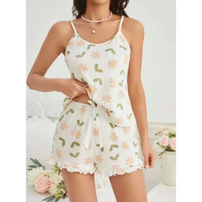 BUĞZ Kadın Ekru Çiçek Baskılı Şortlu Gecelik Pijama Takımı 5047