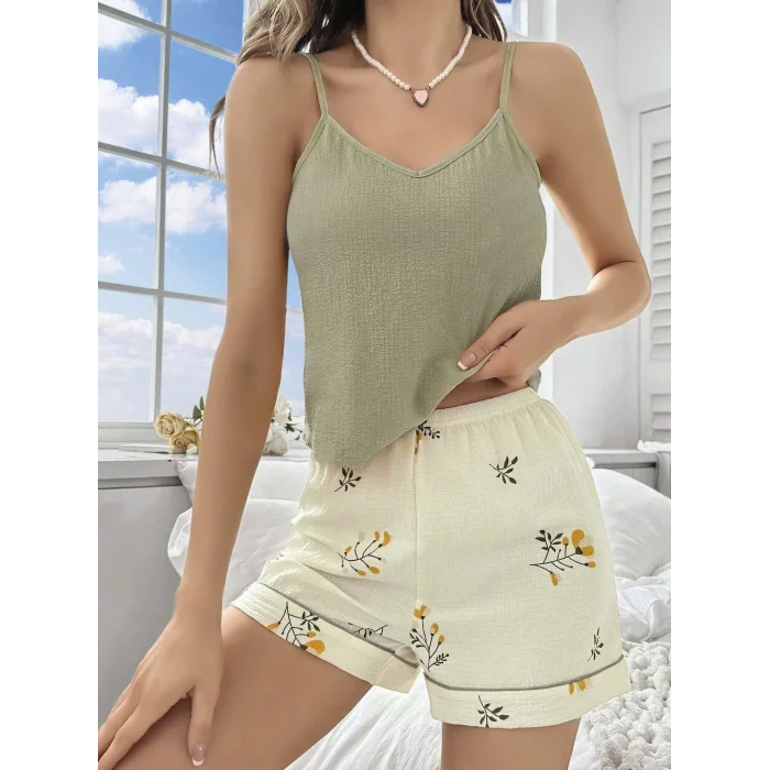 BUĞZ Kadın Ekru Çiçek Baskılı Şortlu Gecelik Pijama Takımı 5099