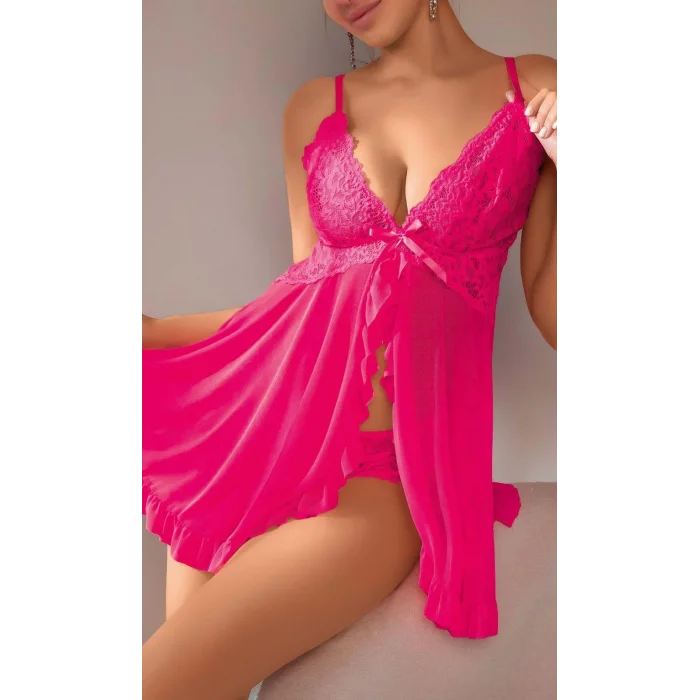 BUĞZ Kadın Fuşya Fantezi Gecelik Tül Önü Açık Fırfırlı Fiyok detaylı 2113