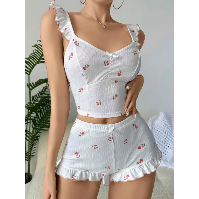 BUĞZ Kadın Gül ve Kiraz Desenli Şortlu Gecelik Takım 5112