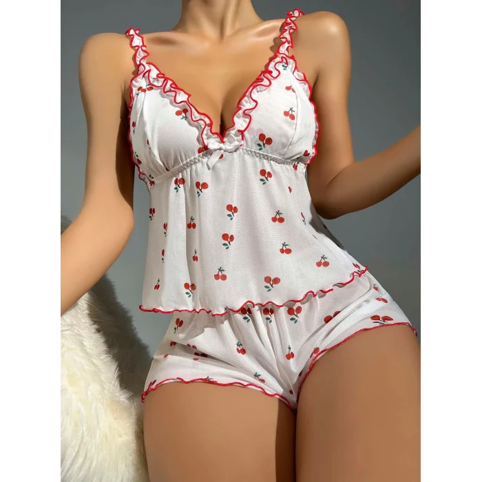 BUĞZ Kadın Kiraz Desenli Fırfırlı Şortlu Gecelik Takım 5101