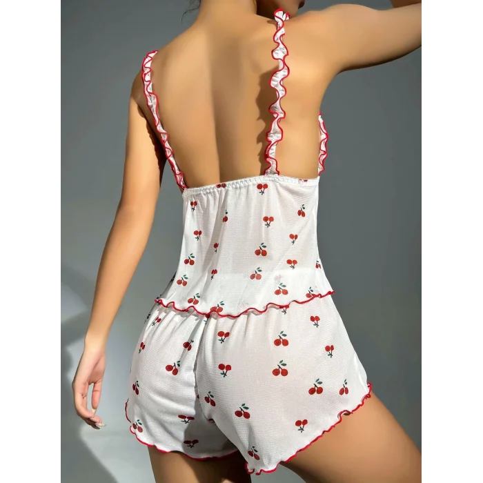 BUĞZ Kadın Kiraz Desenli Fırfırlı Şortlu Gecelik Takım 5101