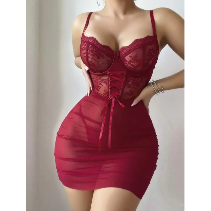 BUĞZ Kadın Kırmızı Fantezi Gecelik Tül Dantel Fiyonk Detaylı Askılı 2209