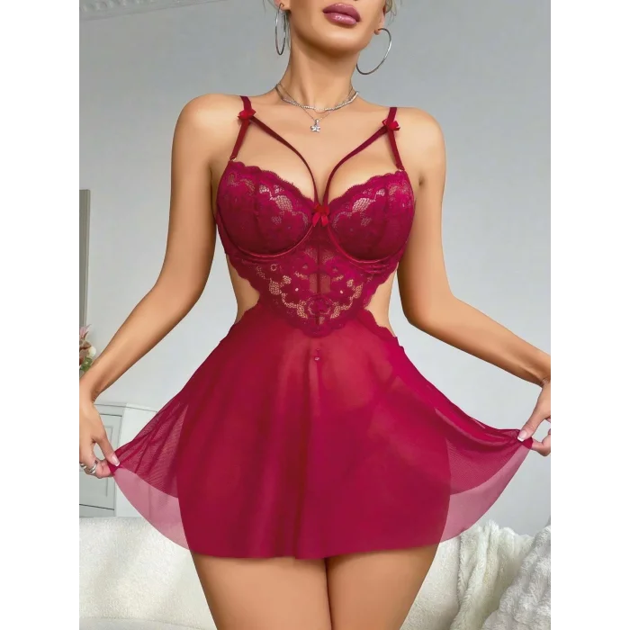 BUĞZ Kadın Kırmızı Fantezi Gecelik Tül Göğüs Dantel Dekolteli Fiyok detaylı 2162