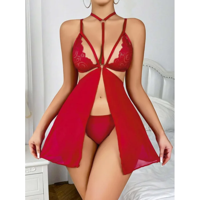 BUĞZ Kadın Kırmızı Fantezi Gecelik Tül  2164