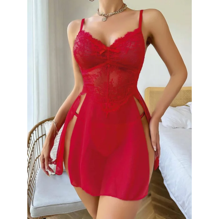 BUĞZ Kadın Kırmızı Fantezi Gecelik Tül Fiyonk detaylı Yanları Dekolteli 2160