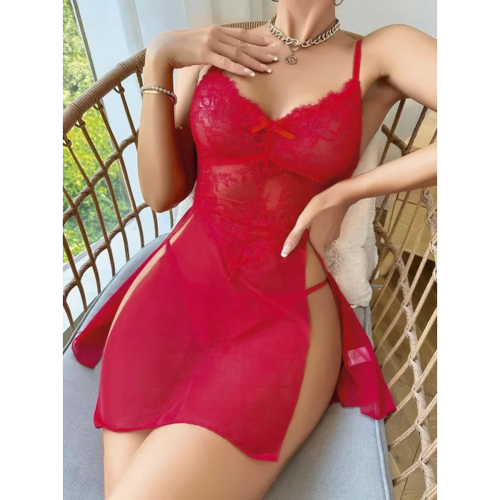 BUĞZ Kadın Kırmızı Fantezi Gecelik Tül Fiyonk detaylı Yanları Dekolteli 2160