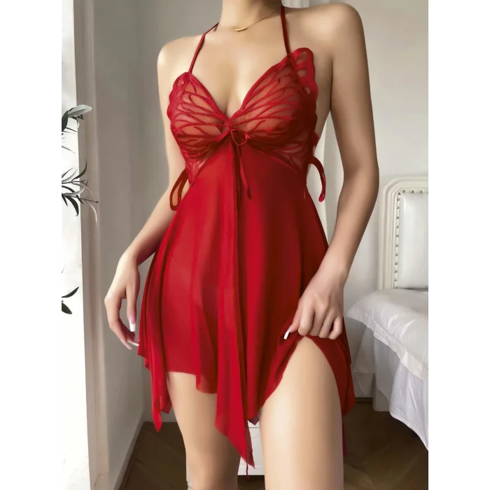 BUĞZ Kadın Kırmızı Kelebek Detaylı Tül Fantezi Gecelik 2246