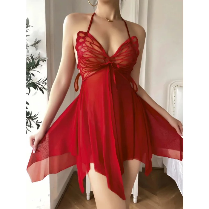 BUĞZ Kadın Kırmızı Kelebek Detaylı Tül Fantezi Gecelik 2246