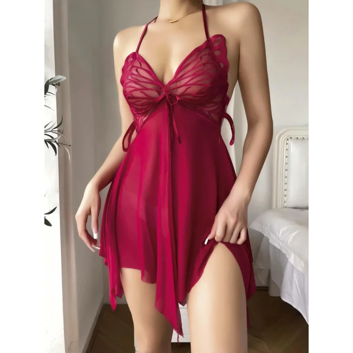 BUĞZ Kadın Kırmızı Transparan Kelebek Detaylı Tül Fantezi Gecelik 2245