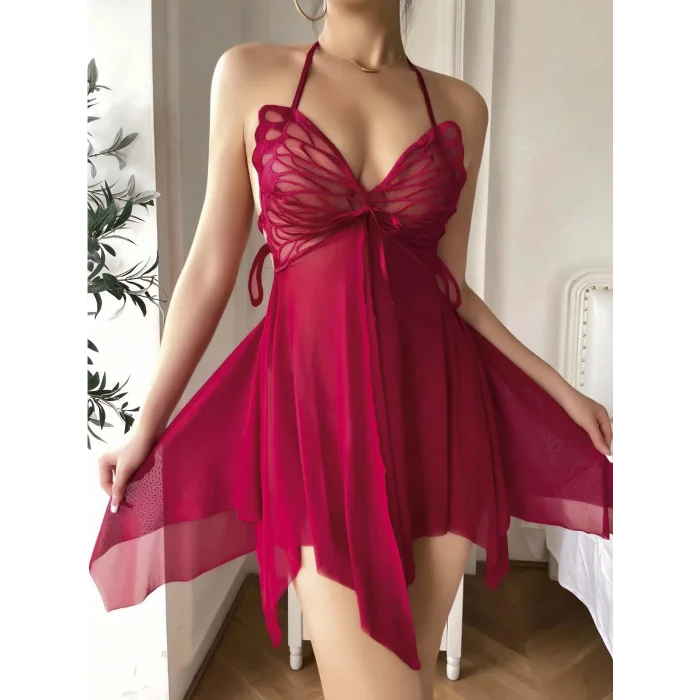 BUĞZ Kadın Kırmızı Transparan Kelebek Detaylı Tül Fantezi Gecelik 2245