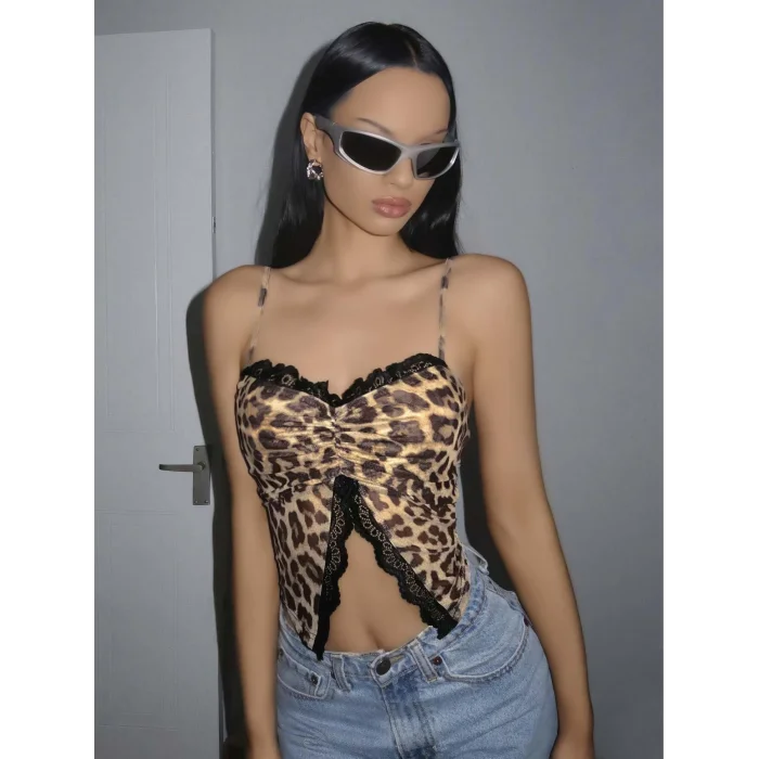 BUĞZ Kadın Leopar Desenli Crop Önden Dantel detaylı 5095