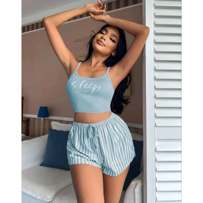 BUĞZ Kadın Mavi Çizgili Desenli Askılı Şortlu Pijama Takım 5001