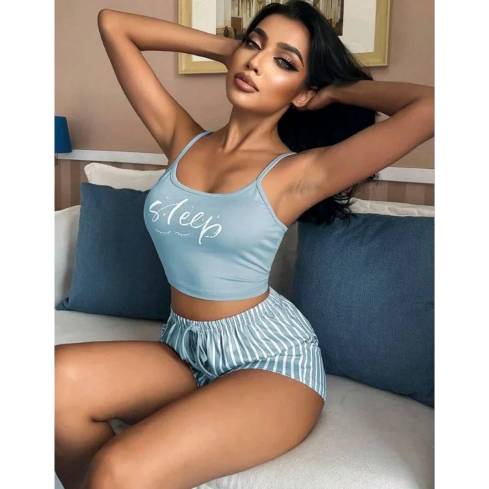 BUĞZ Kadın Mavi Çizgili Desenli Askılı Şortlu Pijama Takım 5001