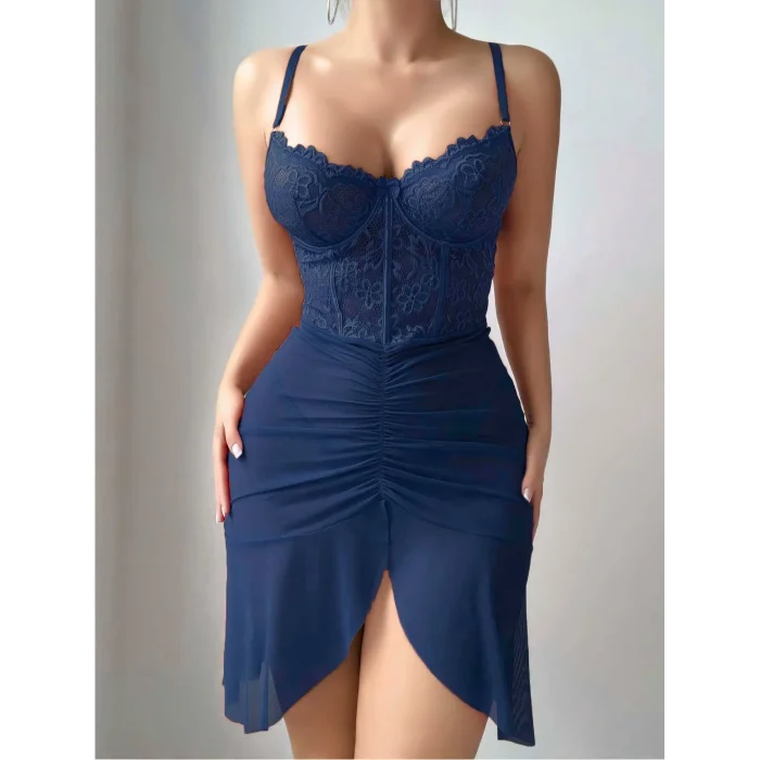 BUĞZ Kadın Mavi Transparan Dantel Detaylı Tül Fantezi Gecelik 2242