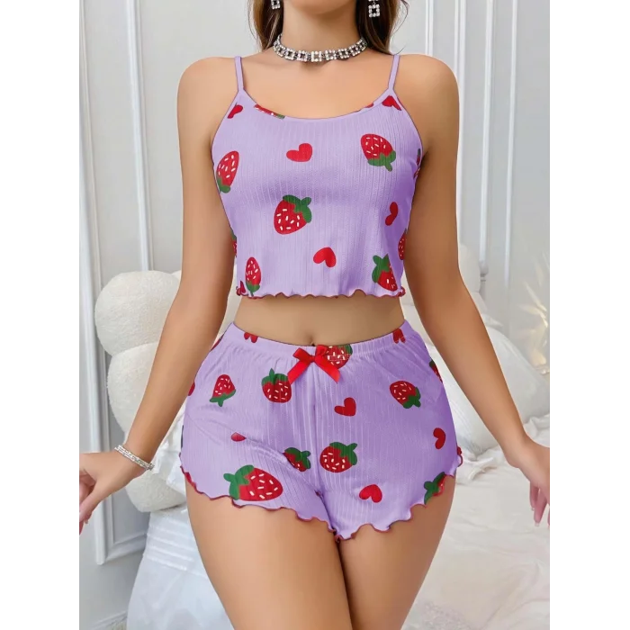 BUĞZ Kadın Mor Çilek desenli Şortlu Pijama Takımı 5061