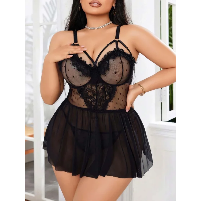 BUĞZ Kadın Nakışlı Siyah Gotik İp Askılı Büyük Beden Tüllü Transparan Fantezi Gecelik 8007