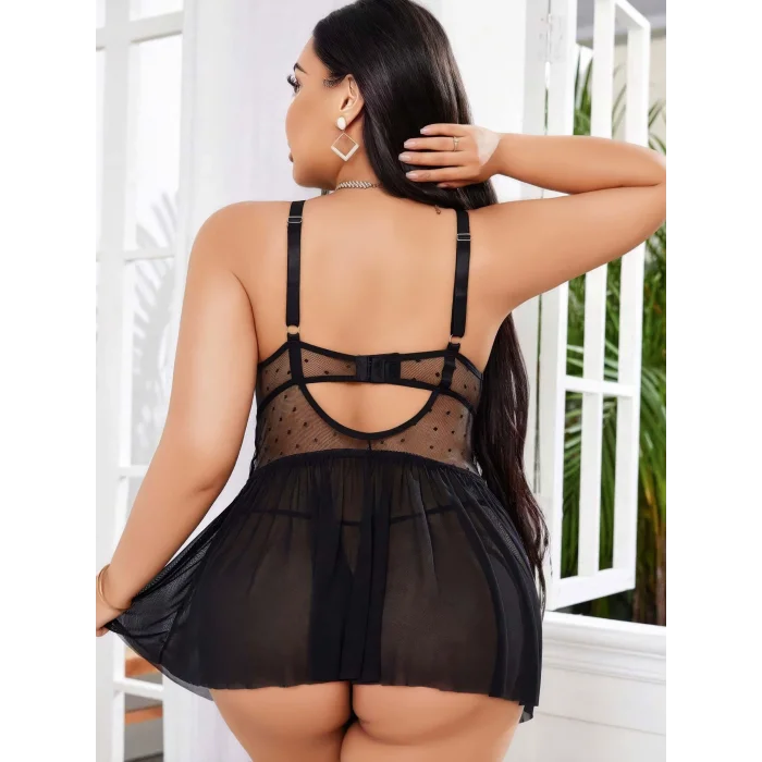 BUĞZ Kadın Nakışlı Siyah Gotik İp Askılı Büyük Beden Tüllü Transparan Fantezi Gecelik 8007