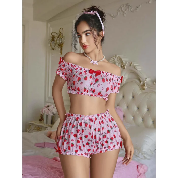 BUĞZ Kadın Pembe Çilek Desenli Fantezi Şort takım 2156