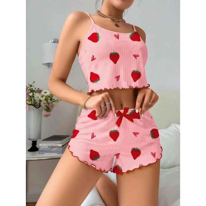 BUĞZ Kadın Pembe Çilek desenli Şortlu Pijama Takımı 5056