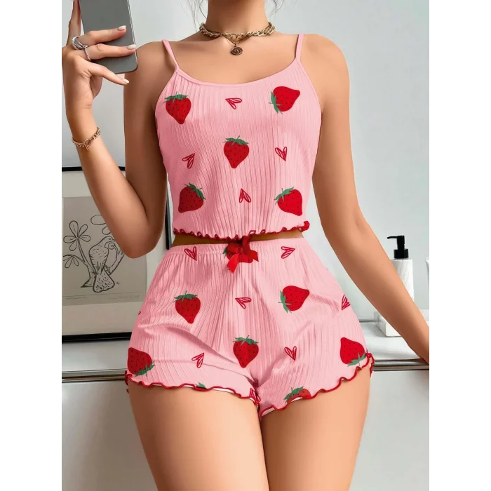 BUĞZ Kadın Pembe Çilek desenli Şortlu Pijama Takımı 5056