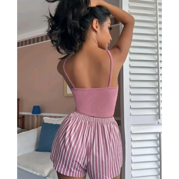 BUĞZ Kadın pembe çizgili desen Askılı Şortlu Pijama Takım 5002