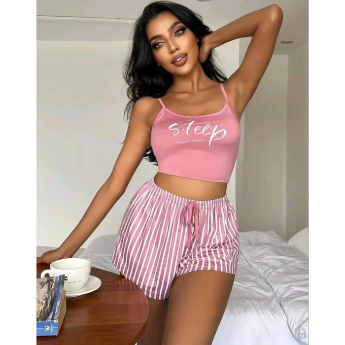 BUĞZ Kadın pembe çizgili desen Askılı Şortlu Pijama Takım 5002
