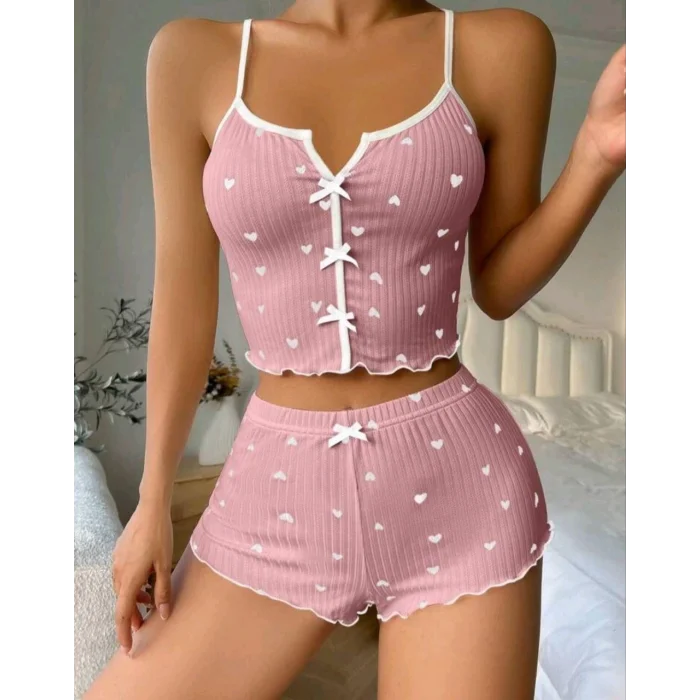 BUĞZ Kadın Pembe Kalpli Askılı Şortlu Pijama Takım 5009