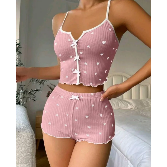 BUĞZ Kadın Pembe Kalpli Askılı Şortlu Pijama Takım 5009