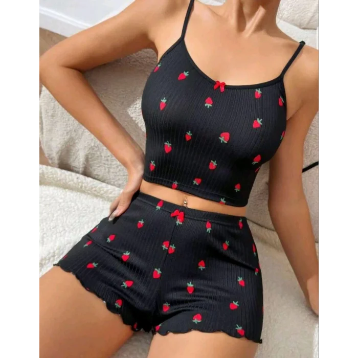 BUĞZ Kadın Siyah Çilek Desenli Seksi Gecelik Takım 5020