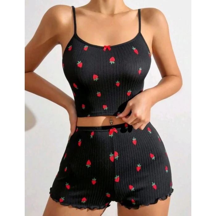 BUĞZ Kadın Siyah Çilek Desenli Seksi Gecelik Takım 5020