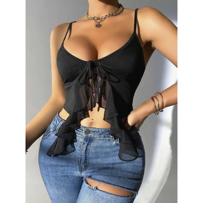 BUĞZ Kadın Siyah Crop Askılı Önden Bağlama Fırfır detaylı 5089