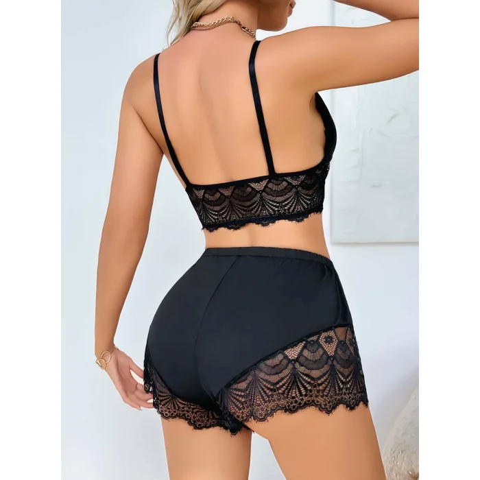 BUĞZ Kadın Siyah Dantel Detaylı Şortlu Pijama Takımı 5054