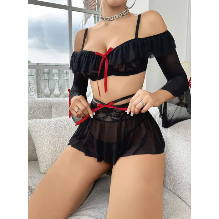 BUĞZ Kadın Siyah Etek Bustiyer Sexy Gecelik Takım 2157