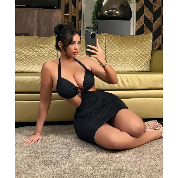 BUĞZ Kadın Siyah Halka Detaylı Göğüs Dekolteli Boyun ve Sırttan Bağlamalı Gece Elbisesi Gecelik Fantezi Elbise 5115