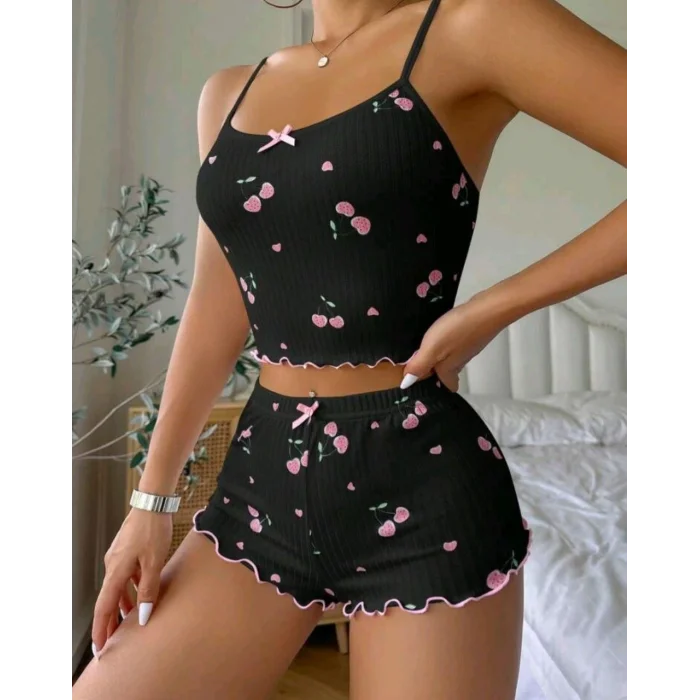 BUĞZ Kadın Siyah Kiraz Desenli Seksi Gecelik Takım 9003