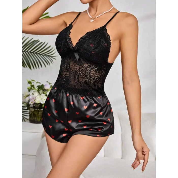 BUĞZ Kadın Siyah Kırmızı Kalp Desenli Saten Şort Pijama Takımı 2232