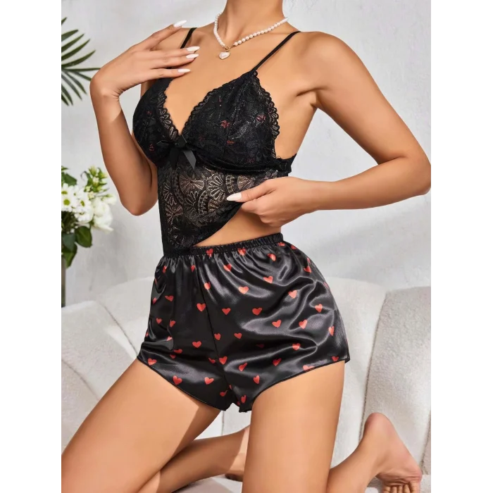 BUĞZ Kadın Siyah Kırmızı Kalp Desenli Saten Şort Pijama Takımı 2232