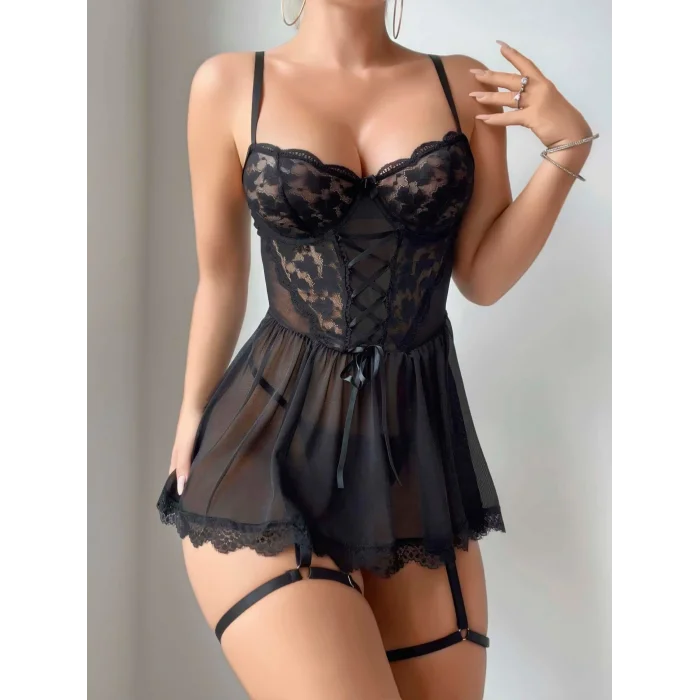 BUĞZ Kadın Siyah tül ve dantel Detaylı Fantezi Kostüm 2214