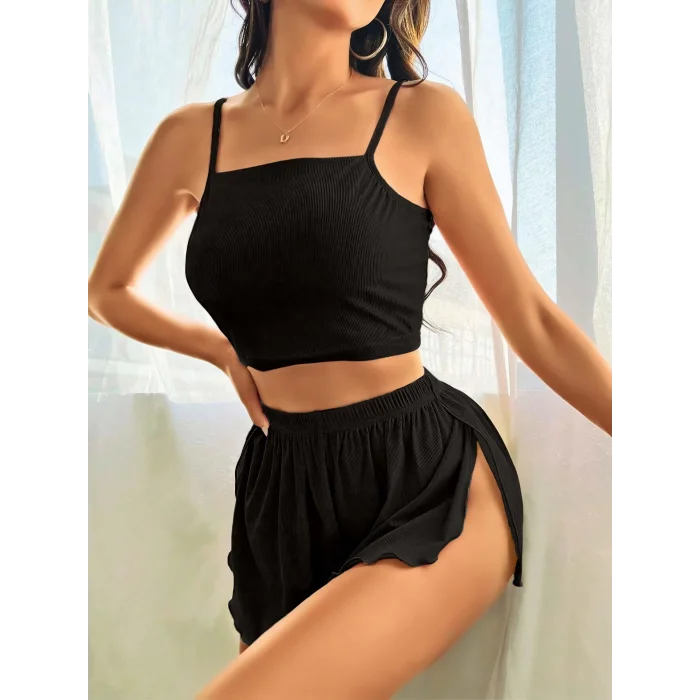 BUĞZ Kadın Siyah Yandan Yırtmaçlı Askılı Şortlu Pijama Takım 5041