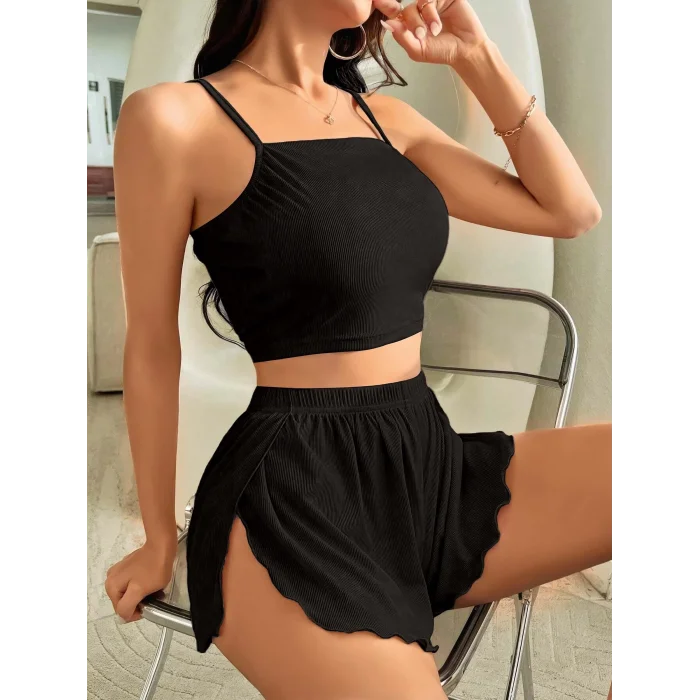 BUĞZ Kadın Siyah Yandan Yırtmaçlı Askılı Şortlu Pijama Takım 5041