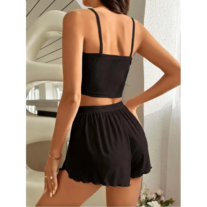 BUĞZ Kadın Siyah Yandan Yırtmaçlı Askılı Şortlu Pijama Takım 5041