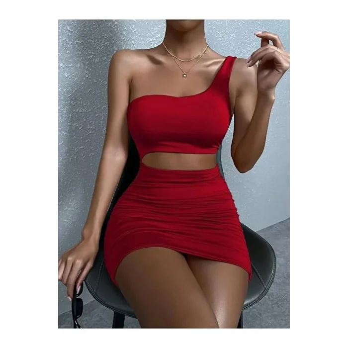 BUĞZ Kadın Tek Omuz Kesim Detaylı Büzgülü Fantezi Elbise 5078