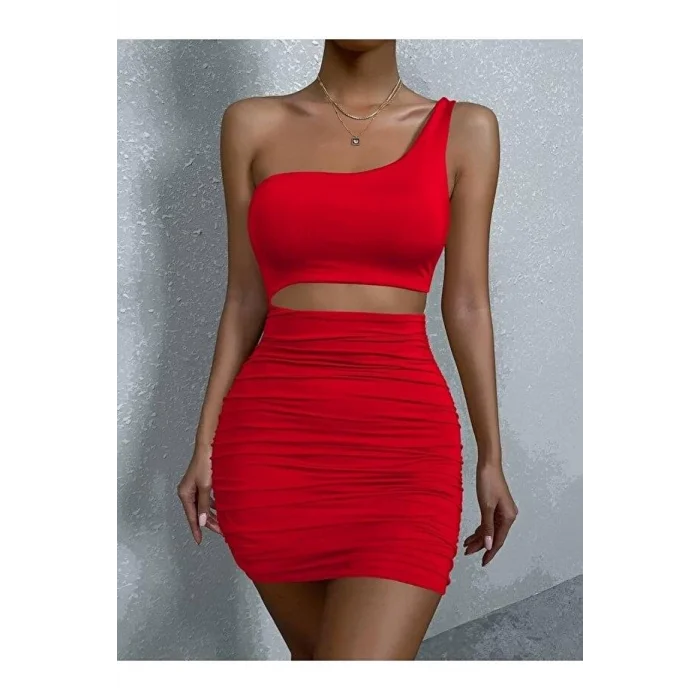 BUĞZ Kadın Tek Omuz Kesim Detaylı Büzgülü Fantezi Elbise 5078