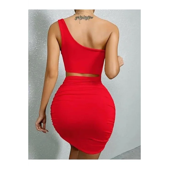 BUĞZ Kadın Tek Omuz Kesim Detaylı Büzgülü Fantezi Elbise 5078