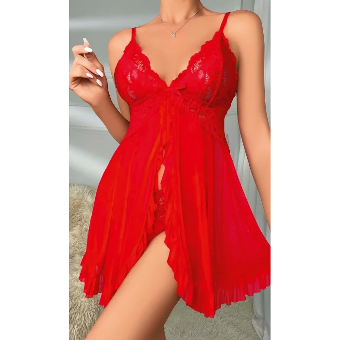 BUĞZ Kadın Transparan Dantel Detaylı Şık Kırmızı Fantezi Gecelik 2099