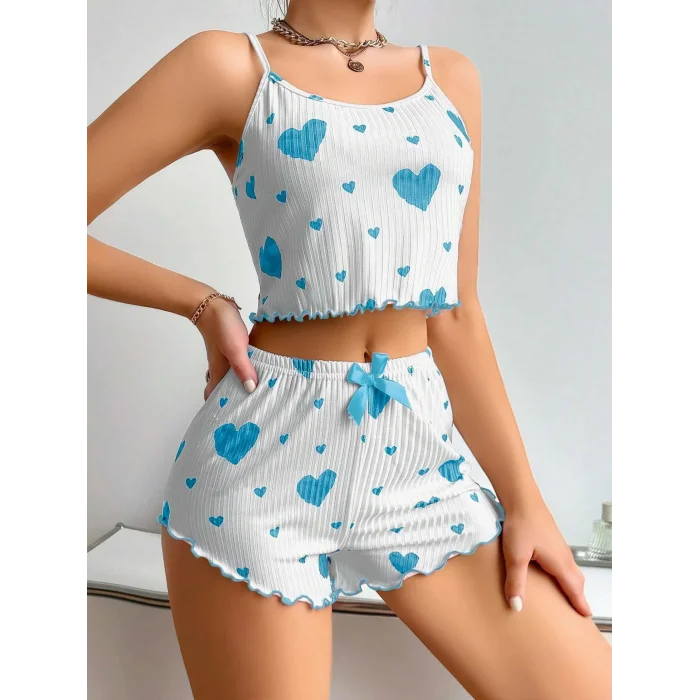 BUĞZ Kadın Beyaz Mavi Kalp Desenli Askılı Şortlu Pijama Takım 5043