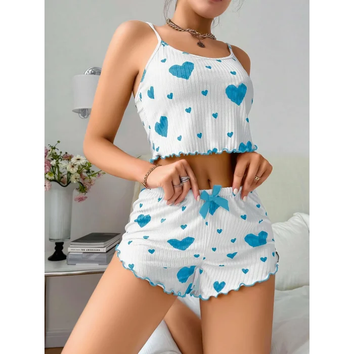 BUĞZ Kadın Beyaz Mavi Kalp Desenli Askılı Şortlu Pijama Takım 5043