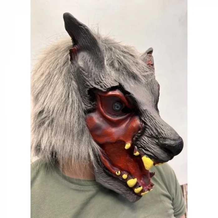 BUĞZ Kafaya Tam Geçmeli Lateks Dişli Ağzı Açık Kurt Maskesi